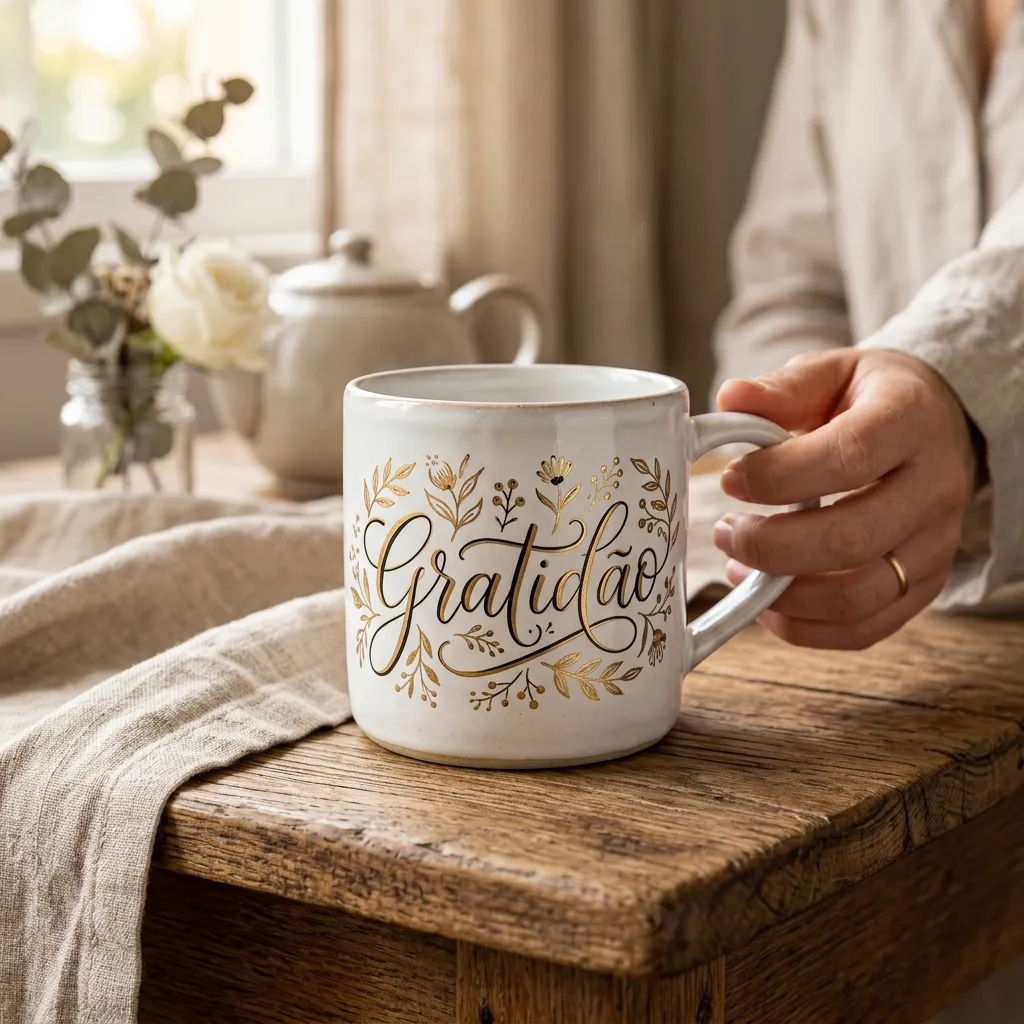 Caneca de cerâmica personalizada com lettering feito à mão